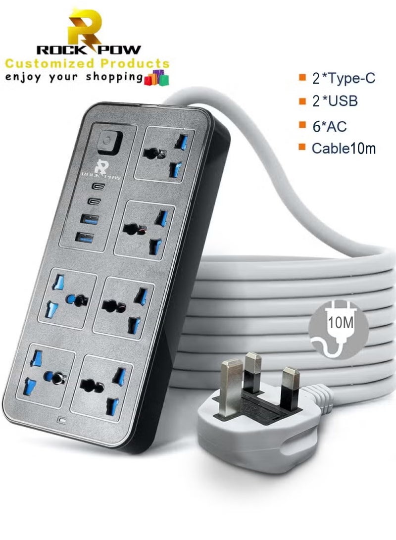 Rock Pow 10 meters Universal Extension Lead with Multiple Function UK Plug 3 Pin Socket Outlet with 6 Gang 2 USB Port 2 Type-C Port 10M Electric Socket Mains Strip for Home Kitchen and Office 10 meters - Image 1